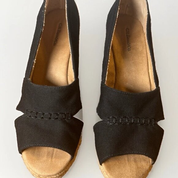 (7.5) GH BASS & CO "ANDI" Peep Toe Black Canvas Espadrille Shoes - Picture 2 of 9